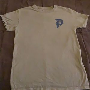 Tan primitive T-shirt with Blue Logo